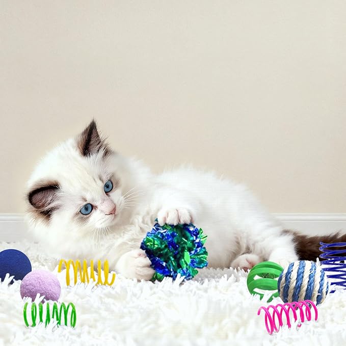 Cat Toys for Indoor Cats, 35 Packs Interactive Cat Toys Set with Colorful Springs, Mouse Cat Toy, Crinkle, Sisal, Pompom and Color Bell Balls for Kitten Toys