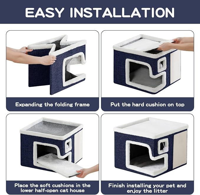 Cat Houses for Indoor Cats, Covered Cat Cave Bed with Scratch Pad and Fluffy Ball, Foldable Cat Hideaway Condo for Large Cats, Modern Kitten Bed,16.5x16.5x13 inches (Blue, Large)