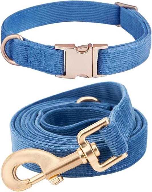 Soft Corduroy Dog Collar and Leash Set Adjustable Durable Dog Collars with Metal Buckle and Lead for Large Dogs,Royal Blue