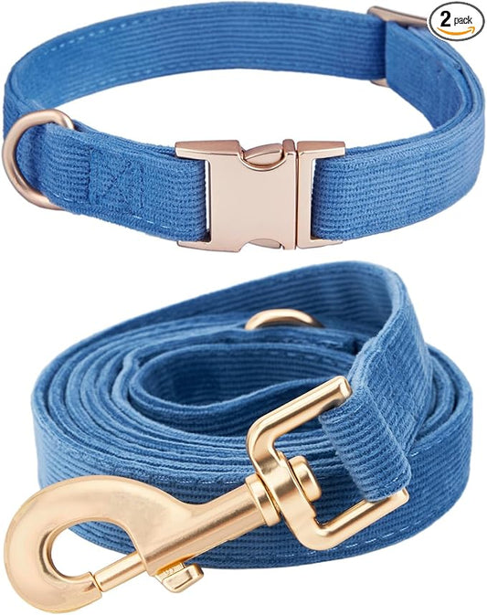 Soft Corduroy Dog Collar and Leash Set Adjustable Durable Dog Collars with Metal Buckle and Lead for Small Dogs,Royal Blue