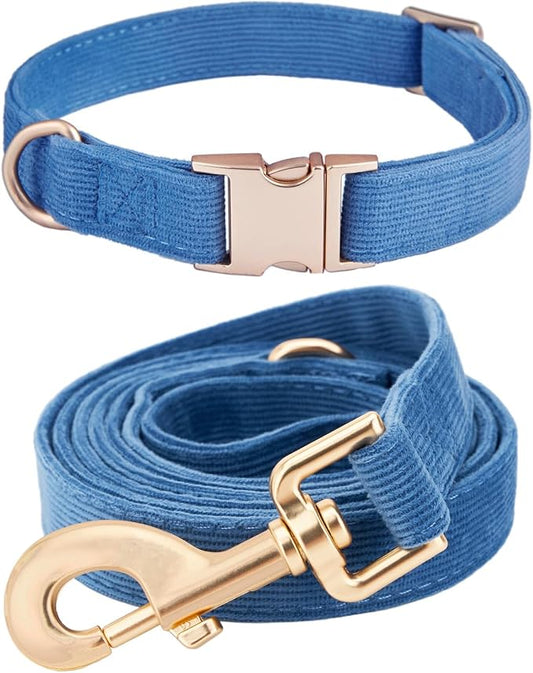 Soft Corduroy Dog Collar and Leash Set Adjustable Durable Dog Collars with Metal Buckle and Lead for Medium Dogs,Royal Blue