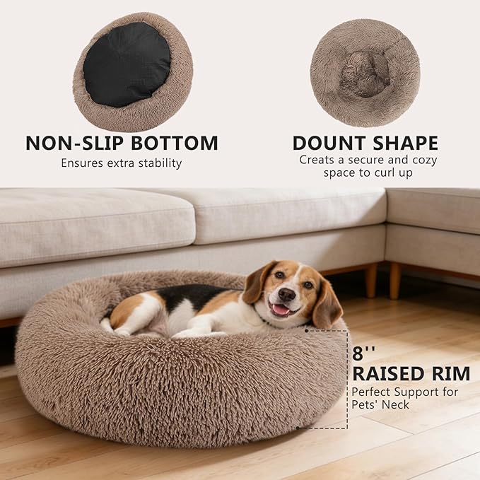 MIXJOY Orthopedic Dog Bed Comfortable Donut Cuddler Round Pet Beds Ultra Soft Washable Dog and Cat Cushion Bed (36'', Brown)