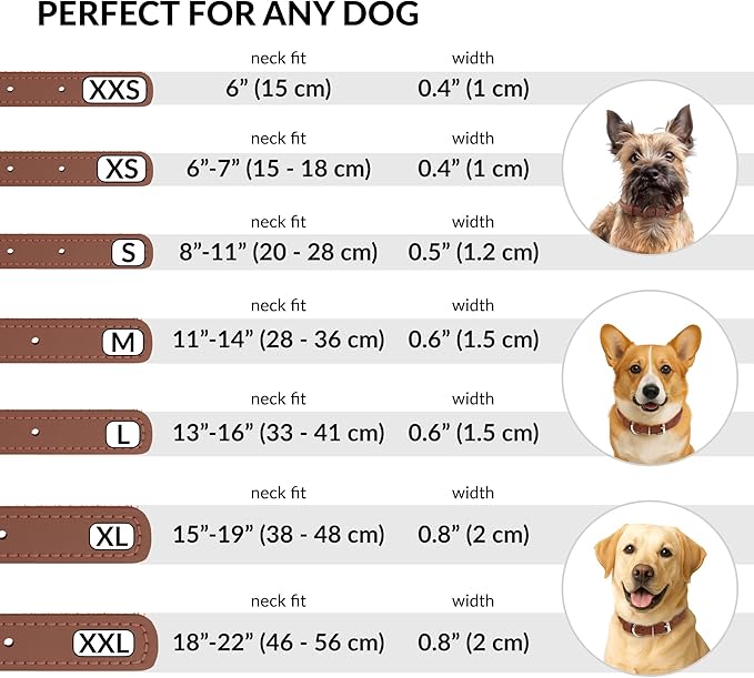 CollarDirect Rolled Leather Dog Collar, Soft Padded Round Puppy Collar, Handmade Genuine Leather Collar Dog Small Large Cat Collars Black Pink Red Purple Blue (Fits 15"-18" Neck, Brown)
