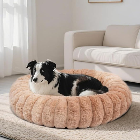 Donut Dog and Cat Bed, Luxurious Comfortable Faux Rabbit Fur Pet Beds, Round Anti-Anxiety Calming Puppy Kitten Bed with Anti-Slip Bottom for Small Medium Dogs & Cats(31", Brown)