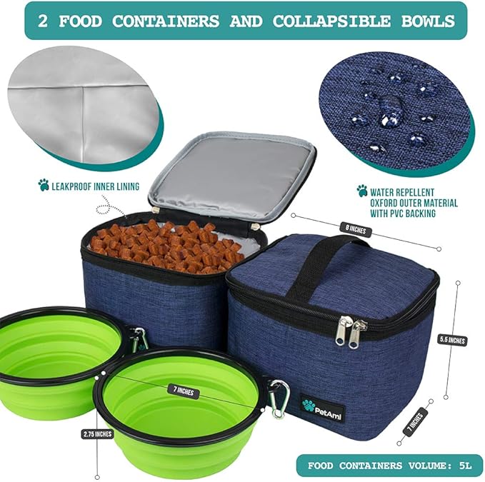 PetAmi Dog Travel Bag Organizer, Pet Travel Kit with 2 Food Containers & 2 Collapsible Dog Bowls, Pet Supplies Tote with Luggage Sleeve, Weekend Road Trip Camping Essentials, Navy Blue, Large