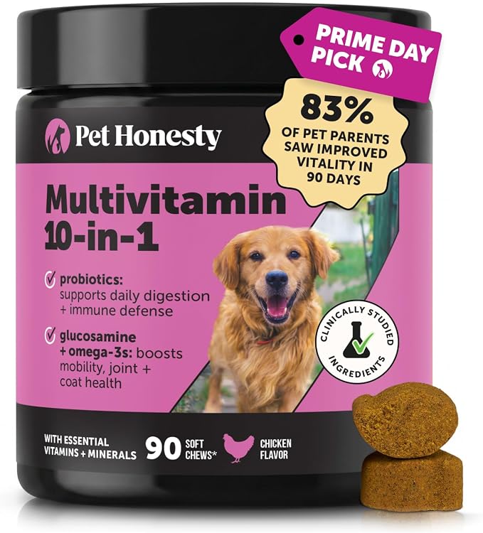 10-in-1 Dog Multivitamin Supplement with Glucosamine & Probiotics - Hip & Joint Support, Digestive Health, Immune Support, Heart & Skin - All-in-One Daily Vitamins & Omega-3s for Dogs (Chicken, 90 Ct)