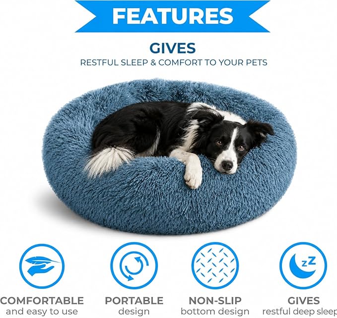 Whiskers & Friends Cat Beds for Indoor Cats, Fluffy Calming Donut Cat Bed, Small Dog Bed Washable - Orthopedic Soft Plush Pet Beds Sized for Kitten to Large Cats & Puppy to Medium Dogs, Navy Grey 31''