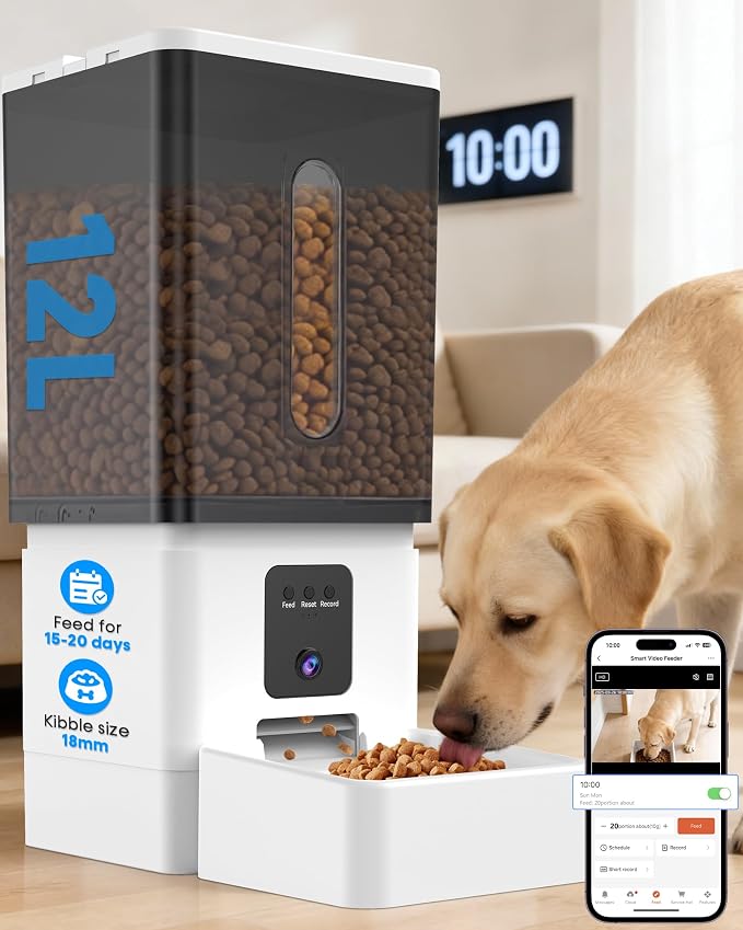 12L Large Dog Automatic Feeder with HD 1080P Camera: 50 Cups/20-Day Food Capacity for Travel & Business Trips - Anti-Clog for 2-18mm Large Kibble