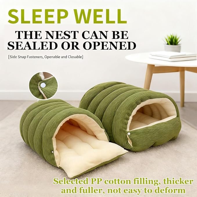 Pet Winter Cave, Warmth Cozy Comfort Plush Pet Cave, 360° Nesting Design, Snuggle Season Just Got Fluffier, Calming Plush Anti-Anxiety Cuddler Beds with Removable Cushioned (Green-A,L)