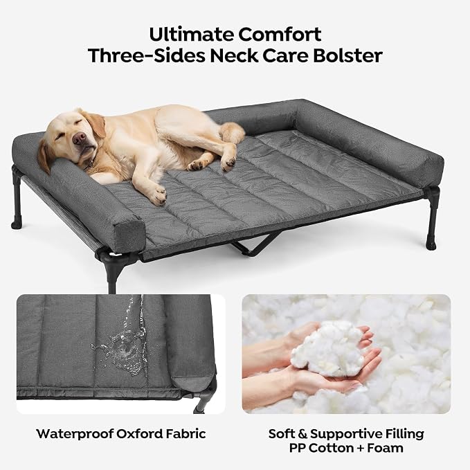 Veehoo Cooling Elevated Dog Bed Add Removable Waterproof Bolster Cushion Mat, Raised Pet Cot with Breathable Teslin Mesh, No-Slip Feet, Dog Sofa Bed for Indoor Outdoor, XLarge, Black Silver