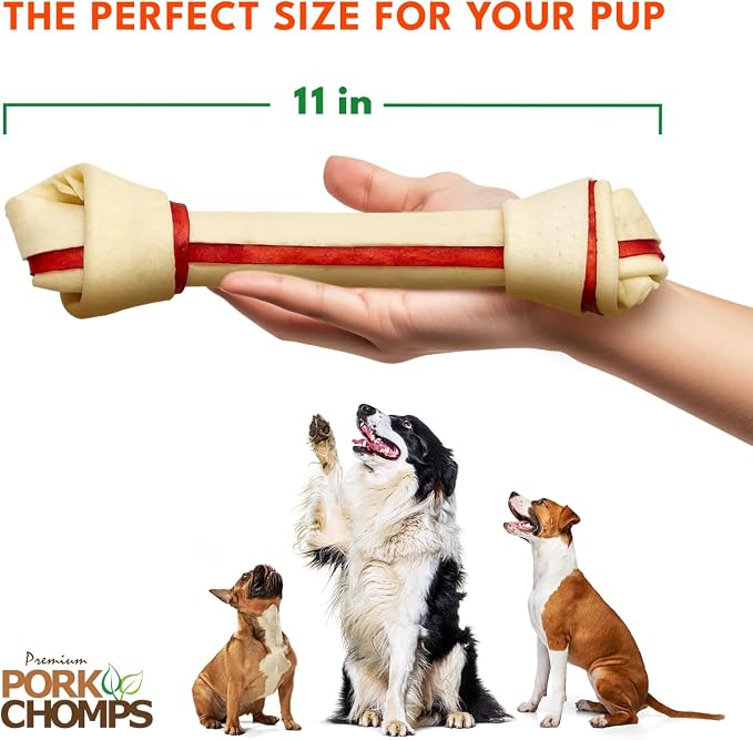 Pork Chomps Baked Pork Skin Dog Chews, 11 Inch Knots, 4 Count, 1 Pack, Bacon Flavor - Long-Lasting Treats for Dogs - High Protein, Rawhide-Free, Low Fat, Healthy & Delicious Chews