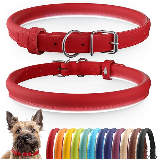 CollarDirect Reflective Rolled Leather Dog Collar, Soft Padded Round Puppy Collar, Handmade Genuine Leather Collar Dog Small Large Cat Collars 13 Colors (8-11 Inch, Red Reflective)