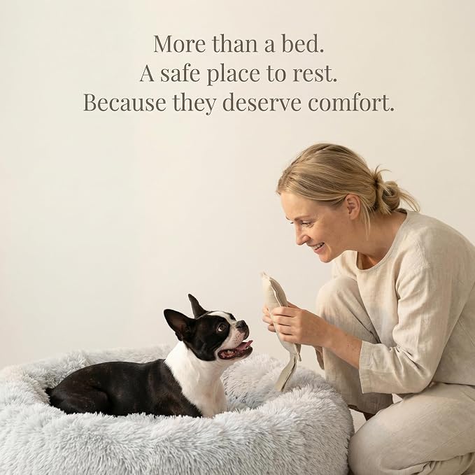 Calming Dog Bed for Medium Dogs Washable Donut 28 inches Anti-Slip Pet Bed,Round Fluffy Plush Faux Fur Cat Bed,Fits up to 40 lbs Pets,Frost Grey