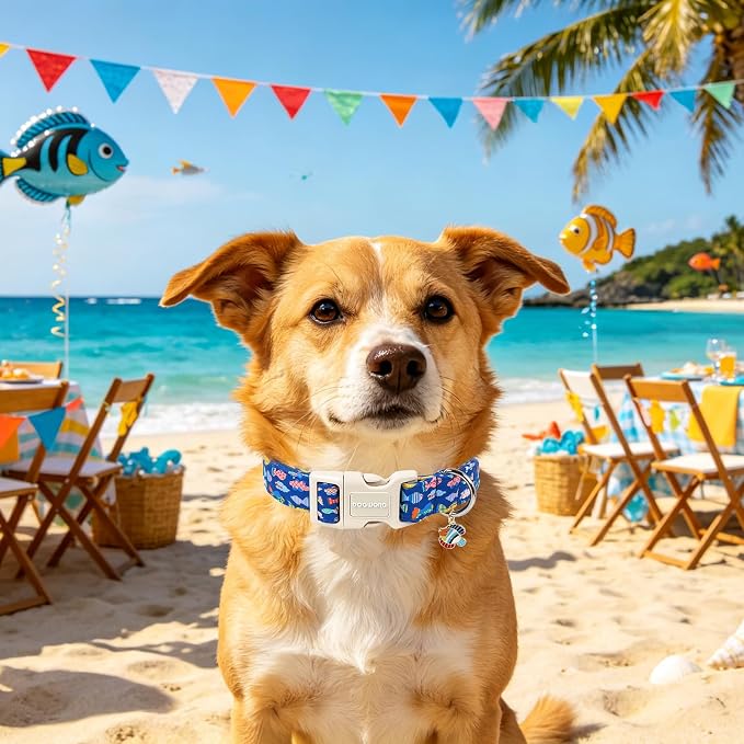 DOGWONG Summer Dog Collar for Large Dogs, Beach Hawaiian Dog Collars, Blue Summer Boy Dogs Collars for Large Dogs, Neck 42-66 inches