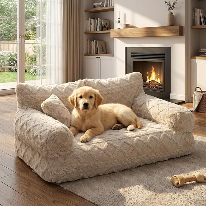 Plush Calming Pet Sofa Bed with Removable Cover, Fluffy Dog Cat Bed Pet Couch Beds Plush, Plushs Cat Couch Bed, Soft Warming Washable Puppy Bed (Beige, XX-Large)