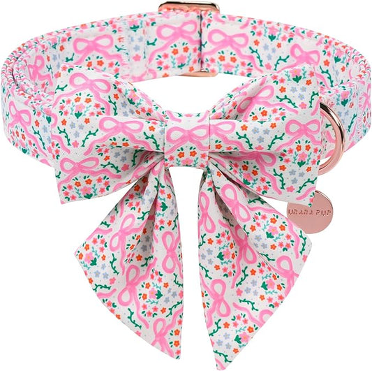 Pink Bow & Floral Dog Collar, Spring Summer Soft Cotton Dog Collar with Premium Quick Release, Adjustable and Comfortable Pet Collar for Small, Medium, and Large Dogs
