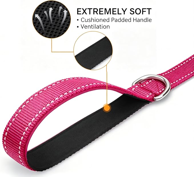 6 FT Reflective Dog Leash, Nylon Heavy Duty Leashes with Soft Padded Handle for Small Medium Large Dogs Walking, 1 Inch Wide Hot Pink