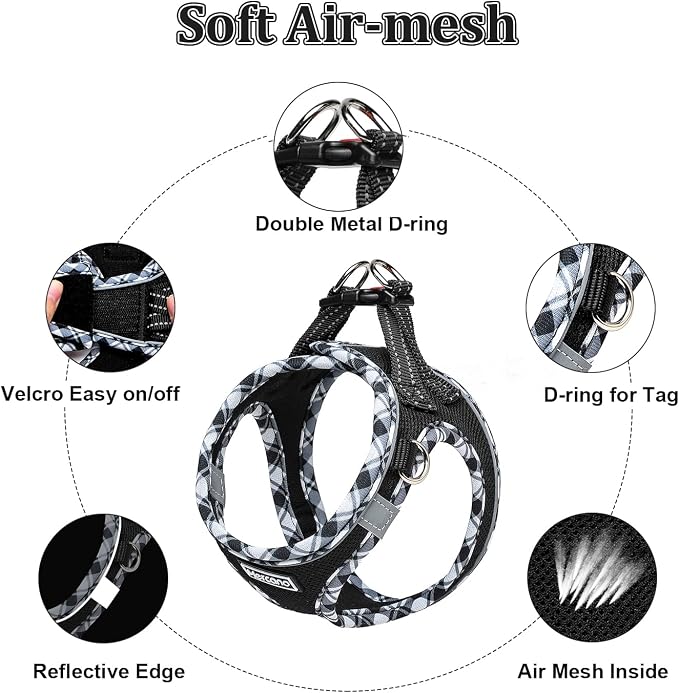 Mercano Soft Mesh Dog Harness and Leash Set, Step-in Reflective Breathable Lightweight Vest Harnesses with Safety Buckle for Small Dogs, Cats (Black White, XXS)