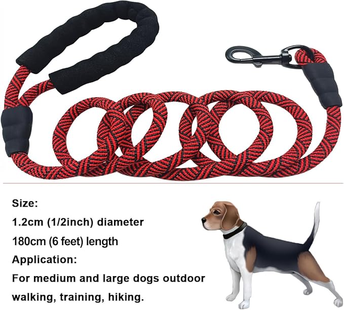 MayPaw 6FT Rope Dog Leash, Soft Padded Handle Thick Nylon Pet Leash, Large Medium Dogs Walking Training Leashes (red Black, 1/2" * 6')