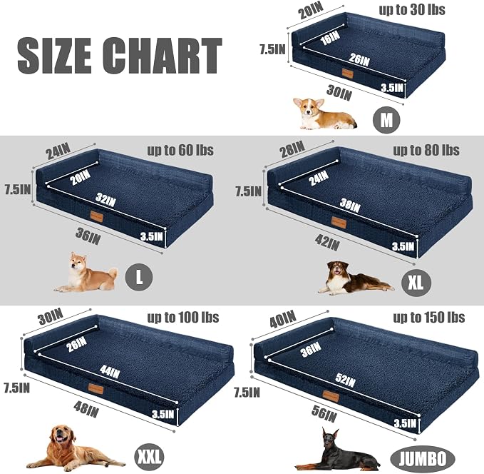 Patas Lague Orthopedic Dog Bed Medium Size Dog 30''X20'', Waterproof L Bolster Medium Pet Sofa Beds with Removable Washable Cover, Soft Pet Couch Crate Mat with Nonskid Bottom, Navy Blue