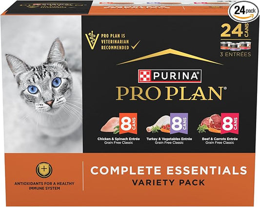 Purina Pro Plan Complete Essentials Chicken, Turkey and Beef Grain Free Wet Cat Food Variety Pack - (24) 3 oz. Cans