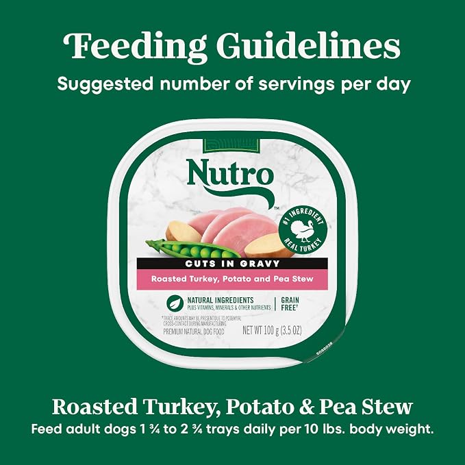 Nutro Adult Wet Dog Food, Natural Grain Free Dog Food Wet Cuts in Gravy Roasted Turkey, Potato & Pea Stew Recipe, 3.5 oz. Trays (Pack of 24)