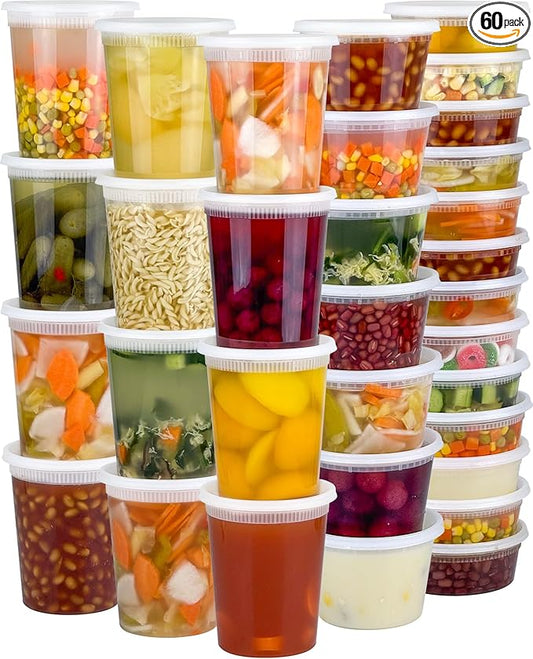 Dipoo 60 Sets (120-Piece) Deli Containers with Lids, 32/16/8 oz X 20 Set Each, Leak-Proof & BPA Free Airtight Takeout Plastic Food Storage Containers for Soup, Freezer/Microwave/Dishwasher Safe