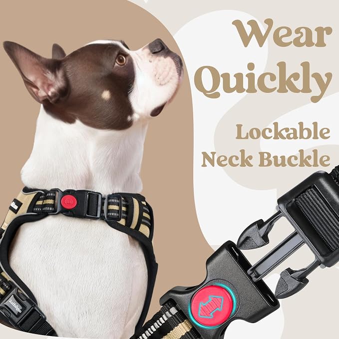 rabbitgoo Dog Harness for Large, No Pull Easy On & Off with 3 Buckles Pet Harness, Adjustable Soft Walking Vest with 2 Clips and Handle, Reflective for Large Dogs, Beige, L