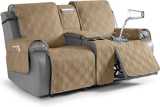 TAOCOCO Loveseat Recliner Cover with Center Console, 100% Waterproof Pet Cover for Dual Recliner with Straps Design, Split Reclining Loveseat Covers Furniture Pet&Kids Protector (2 Seater, Camel)