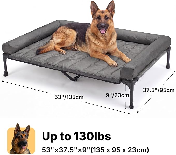 Veehoo Cooling Elevated Dog Bed Add Removable Waterproof Bolster Cushion Mat, Raised Pet Cot with Breathable Teslin Mesh, No-Slip Feet, Dog Couch Bed for Indoor Outdoor, 53 inches, Black Silver