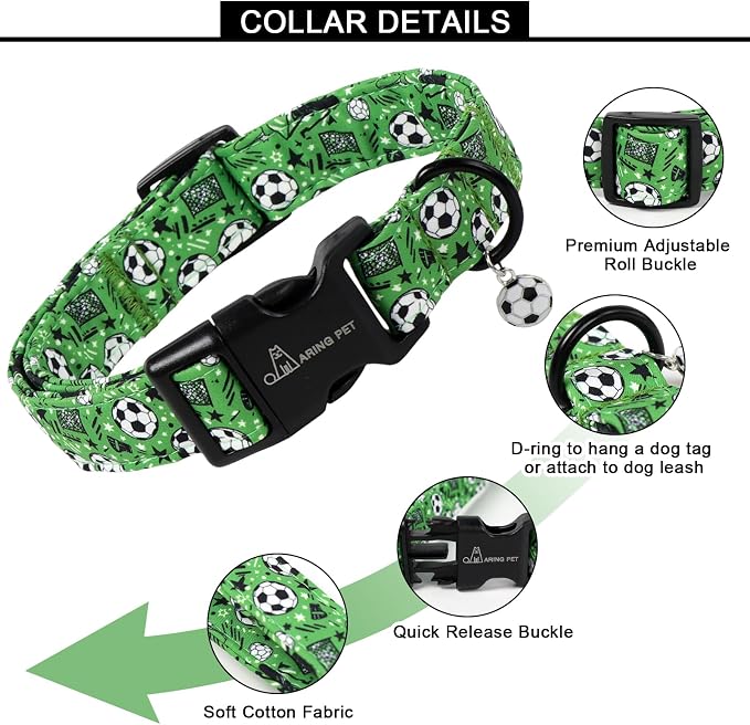 ARING PET Soccer Dog Collar, Cute Green Doggy Collars with Quick Release Buckle for Puppy Small Medium Large Boy Girl Dogs-L