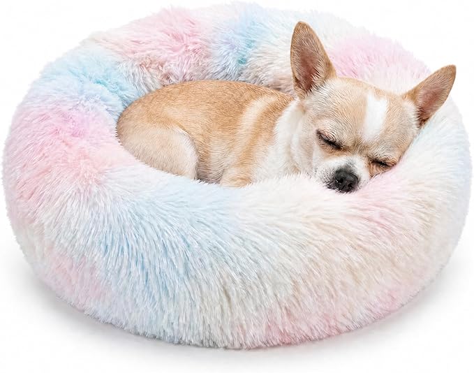 Tiny Dog Bed 15 Inch for Extra Small Dogs,Washable Puppy Bed,Soft Faux Fur Calming Donut Bed for Chihuahua Yorkie Maltese Pomeranian,Rainbow