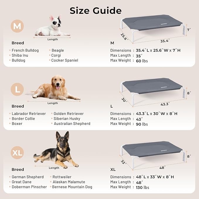 ZOMISIA Elevated Dog Bed Tool-Free Assembly, Outdoor Raised Dog Bed for Large Dogs, Cooling Portable Cot Pet Hammock Bed with Non-Slip Feet & Waterproof Teslin Mesh, 43x30 Inch