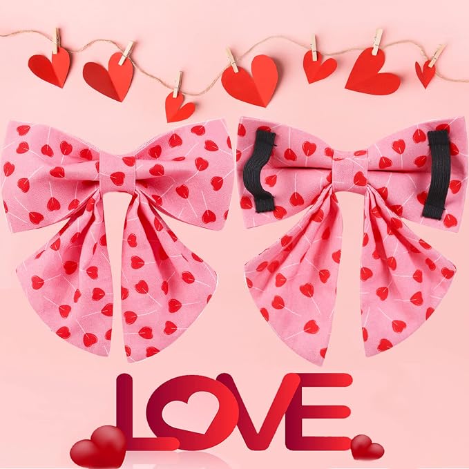 Valentine Dog Collar with Bow Tie, Valentine Bowtie Collar for Large Girl Dog, Cotton Collar with Durable Metal Buckle, Valentine’s Gift Pet Collar, L, Red Heart