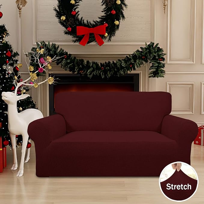 Easy-Going Stretch Loveseat Slipcover 1-Piece Sofa Cover Furniture Protector Couch Soft with Elastic Bottom for Kids Polyester Spandex Jacquard Fabric Small Checks (Loveseat, Wine)