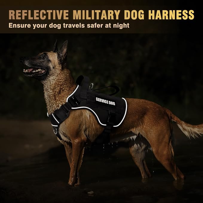WINSEE Tactical Dog Harness for Large Dog, Heavy Duty Service Dog MOLLE Vest with 10 Pet Patches, No Pull Military Working Vest for Training Hunting Walking