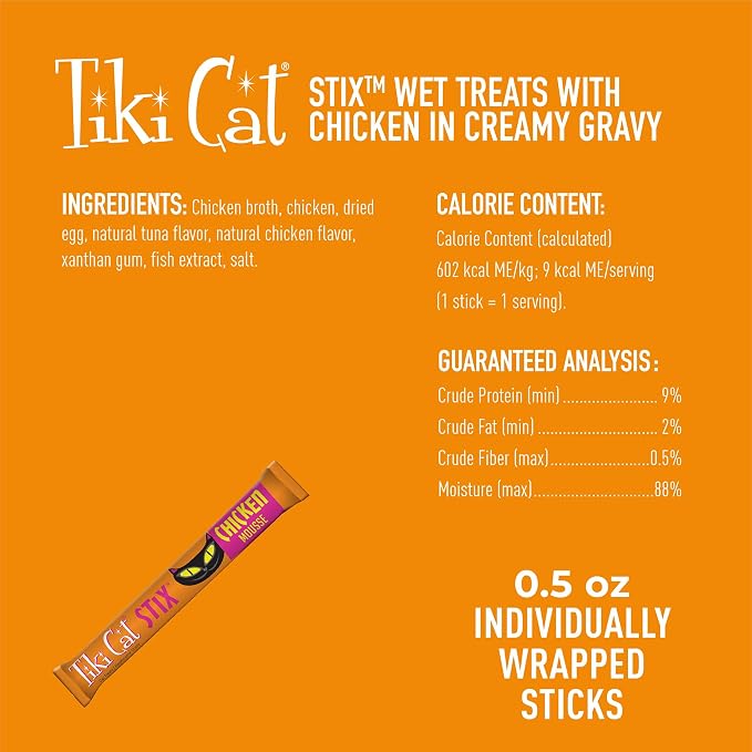 Tiki Cat Stix Mousse Treats, Single Serve Indulgent Lickable Treat or Dry Food Topper, with Chicken in Creamy Gravy, 0.5 oz. Servings (Pack of 40)