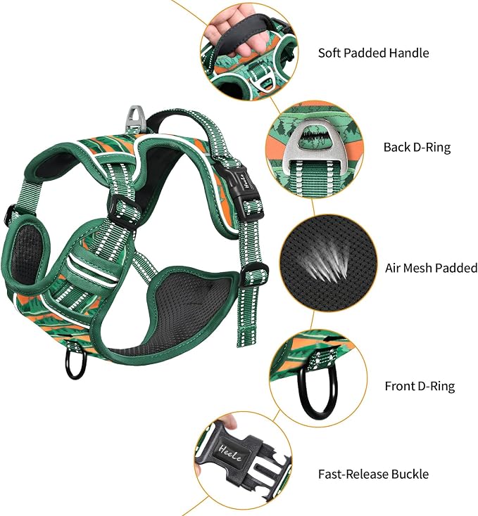 HEELE Dog Harness, No Pull Adjustable Padded Reflective Harness for Small Medium Large Dogs with Handle for Walking Training, Wilderness, L