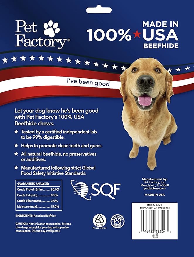 Pet Factory 100% Made in USA Beefhide 4" Knotted Bones Dog Chew Treats - Natural Flavor, 18 Count/1 Pack