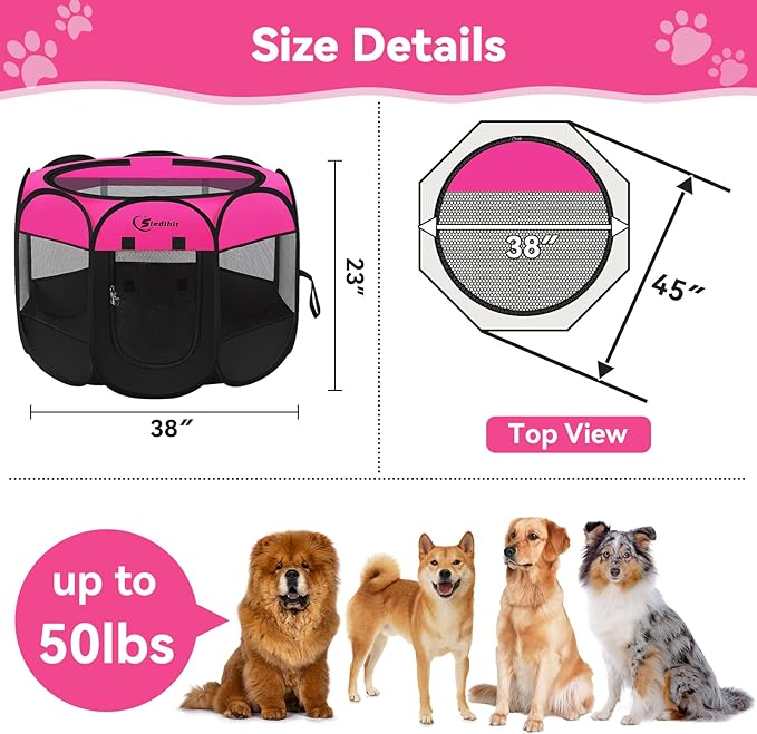 Siedihit Dog Cat Playpen, Large Puppy Pet Playpen, Dog Crate Tent Cage Indoor/Outdoor, Portable Pop Up Dogs Kennel Playpen with Carrying Case for Dogs/Cats/Rabbits, Hot Pink