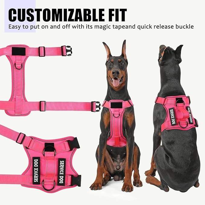 Service Dog Harness, Reflective Dog Vest Harness with 5 PCS Patches, Adjustable Soft Oxford Pet Harness, Inner Layer Mesh, Easy to Control for Small Medium Large Dogs, HotPink