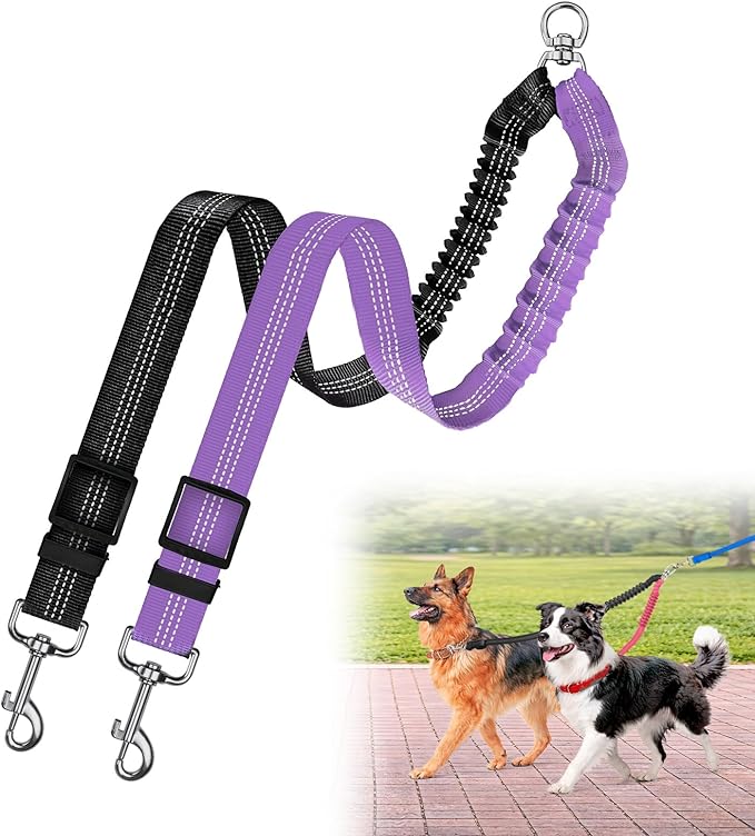 Double Dog Leash for Two Dogs, Professional No Tangle 360° Swivel Coupler with Shock Absorbing Bungee, Adjustable Length Dual-Sided Reflective Two Dogs Lead Splitter for Small Medium Large Dog