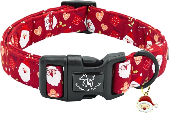 Elegant little tail Christmas Dog Collar, Santa Claus Print Pet Collar Cotton Soft Plastic Buckle Sturdy Puppy Collars Holiday Female or Male Adjustable Collar for X-Small Puppy