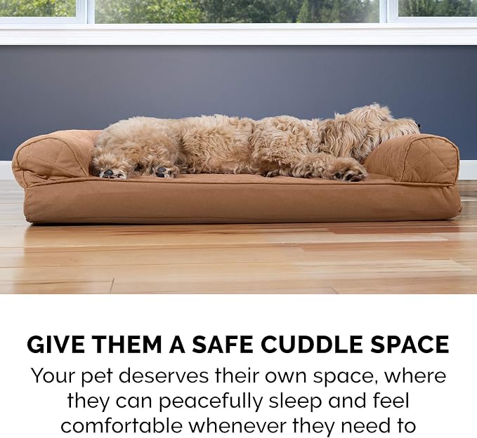 Furhaven Memory Foam Dog Bed for Medium/Small Dogs w/ Removable Bolsters & Washable Cover, For Dogs Up to 35 lbs - Quilted Sofa - Toasted Brown, Medium