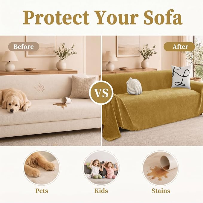 hyha Couch Cover for Dogs, Boho Sofa Covers for 3 Cushion Couch Washable, Chenille Sofa Slipcover for Pets, Soft Loveseat Sectional Couch Throw Blankets with Tassels (Yellow, 88.5x150 Inch)
