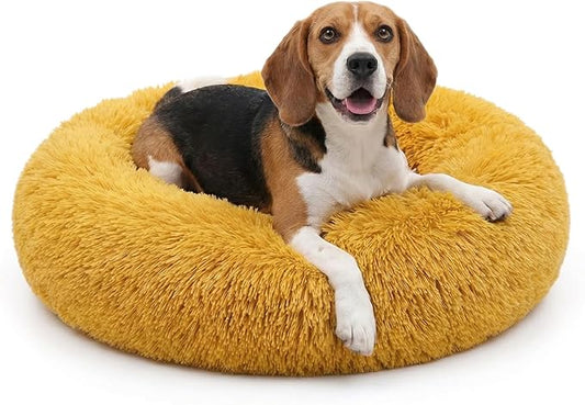 Calming Dog Bed for Medium Dogs Washable Donut 30 inches Anti-Slip Pet Bed,Round Fluffy Plush Faux Fur Cat Bed,Fits up to 45 lbs Pets,Orange