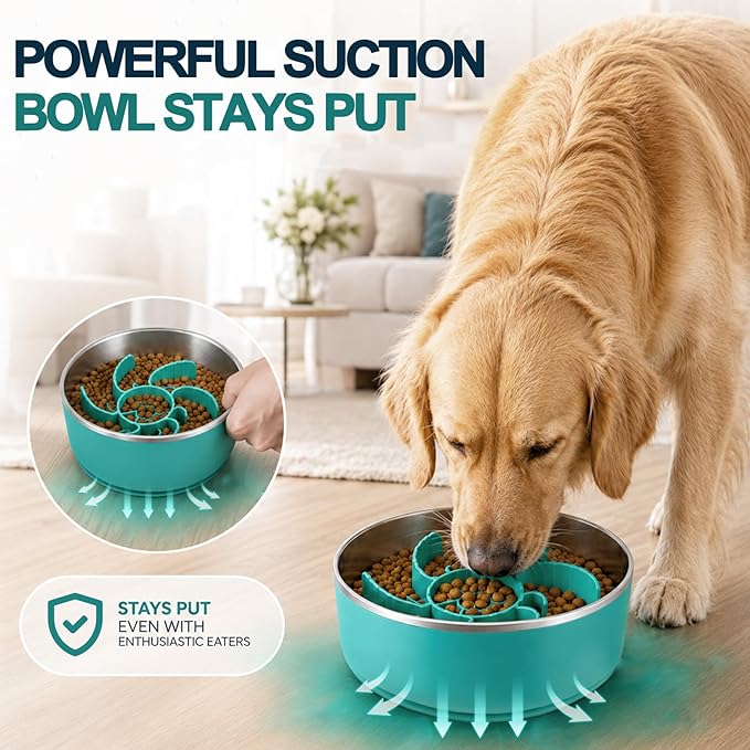Slow Feeder Dog Bowls with Non-Slip Base for Large Dogs - Food Grade Stainless Steel Slow Feed Dog Bowl - Anti Gulp Metal Feeding Bowl Set with Lick Mat - Dishwasher Safe