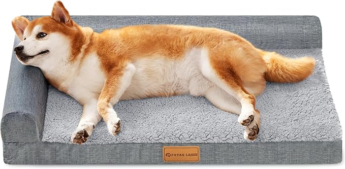 Patas Lague Orthopedic Dog Bed Large Sized Dog 36''X24'', Waterproof L Bolster Medium Pet Sofa Beds with Removable Washable Cover, Soft Pet Couch Crate Mat with Nonskid Bottom, Grey