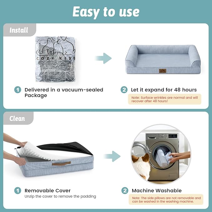 COZY KISS Cooling Dog Bed for Extra Large Dogs, 48"x32" Orthopedic Foam Sofa with Bolster Sides, Q-Max >0.4 Cooling Technology, Cool Pet Bed with Removable Washable Cover, Blue