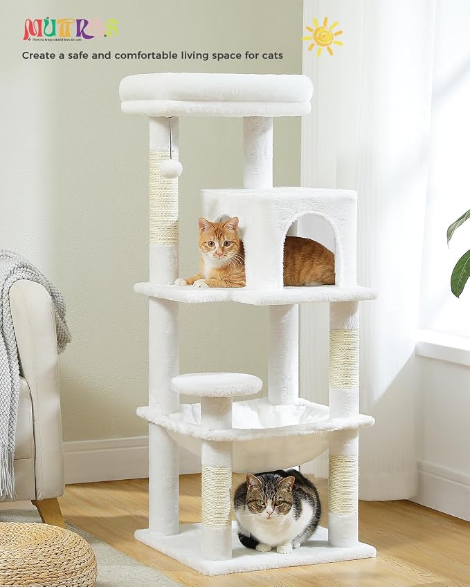 MUTTROS White Cat Tree for Indoor Cats, 45.7" Multi-Level Cat Tower with Large Metal Frame Hammock, Cat Condo with 4 Scratching Posts and Top Perch, White